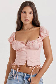 Damen-Crop-Top mit Puffärmeln, Knopfleiste und Bindebändern