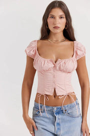 Damen-Crop-Top mit Puffärmeln, Knopfleiste und Bindebändern
