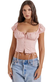 Damen-Crop-Top mit Puffärmeln, Knopfleiste und Bindebändern