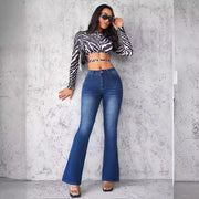 Damen Denim-Hose mit hohem Bund, ausgestelltem Bein und Taschen vorne und hinten