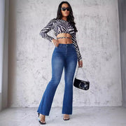 Damen Denim-Hose mit hohem Bund, ausgestelltem Bein und Taschen vorne und hinten