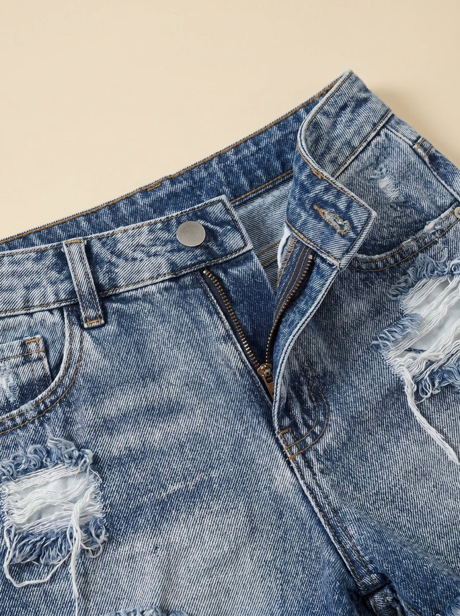 Damen Denim-Shorts mit Hoher Taille und Used-Details