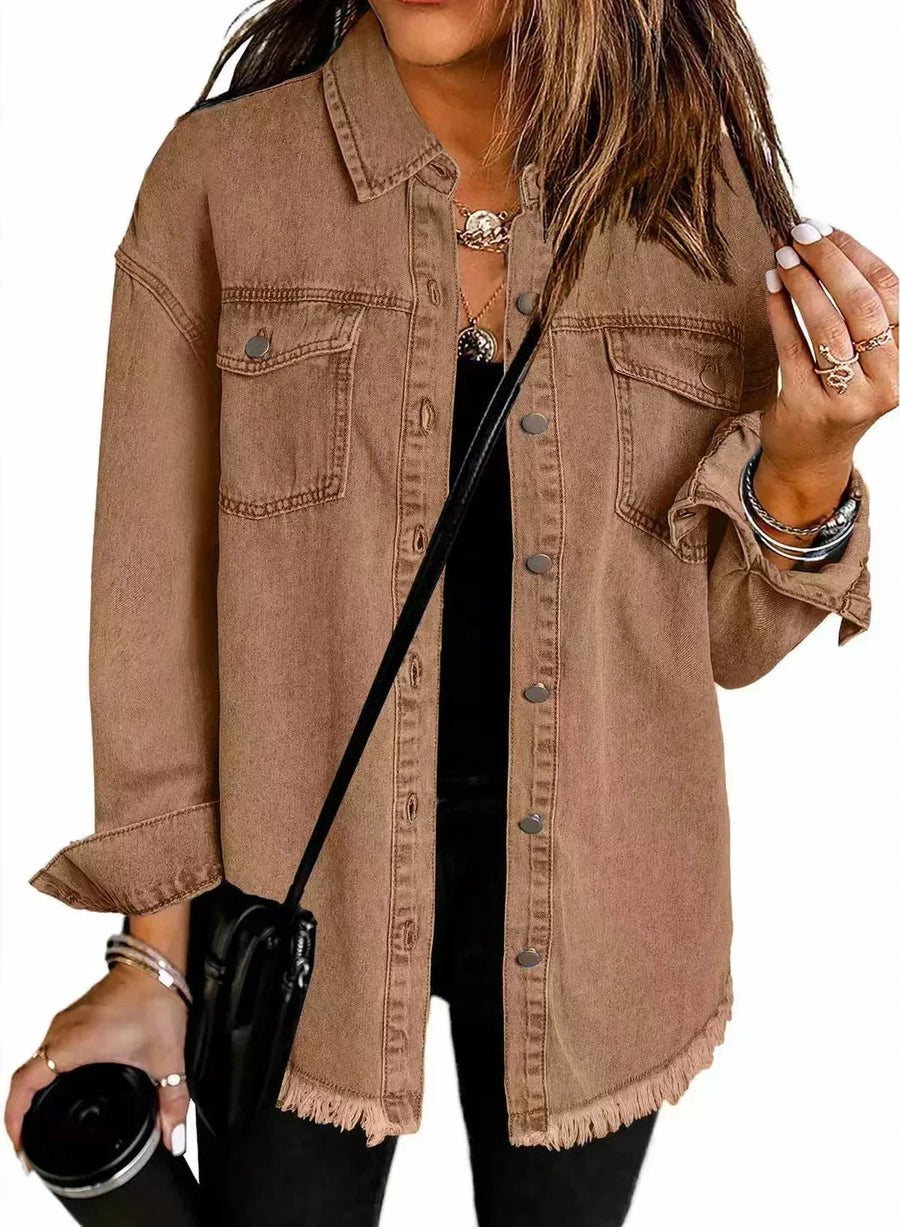 Damen Denimjacke mit Fransen und Knopfleiste