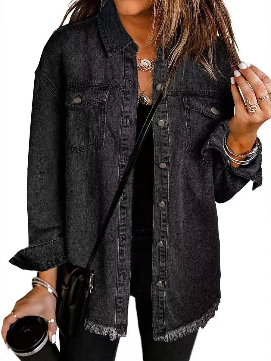 Damen Denimjacke mit Fransen und Knopfleiste