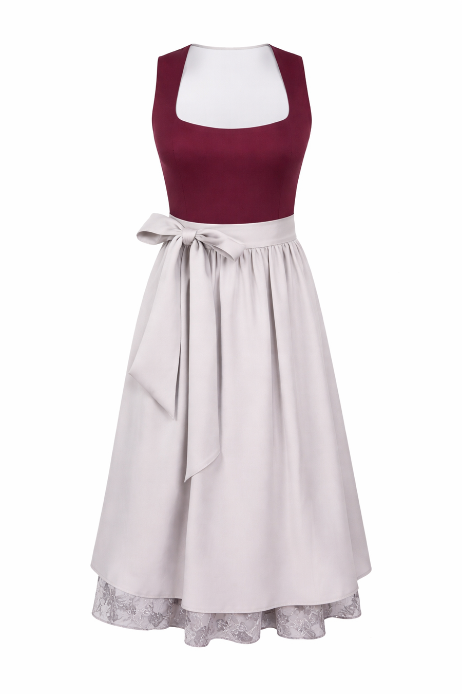 Damen Dirndl Kleid mit breitem Trägeransatz, Taillenband und Spitzenrock