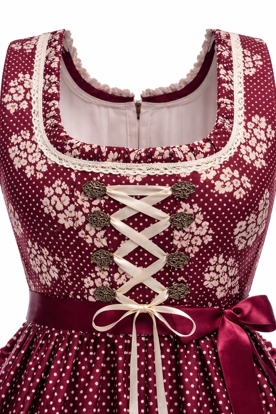 Damen Dirndl Kleid mit Punktmuster, Zierschnürung und Taillenschleife