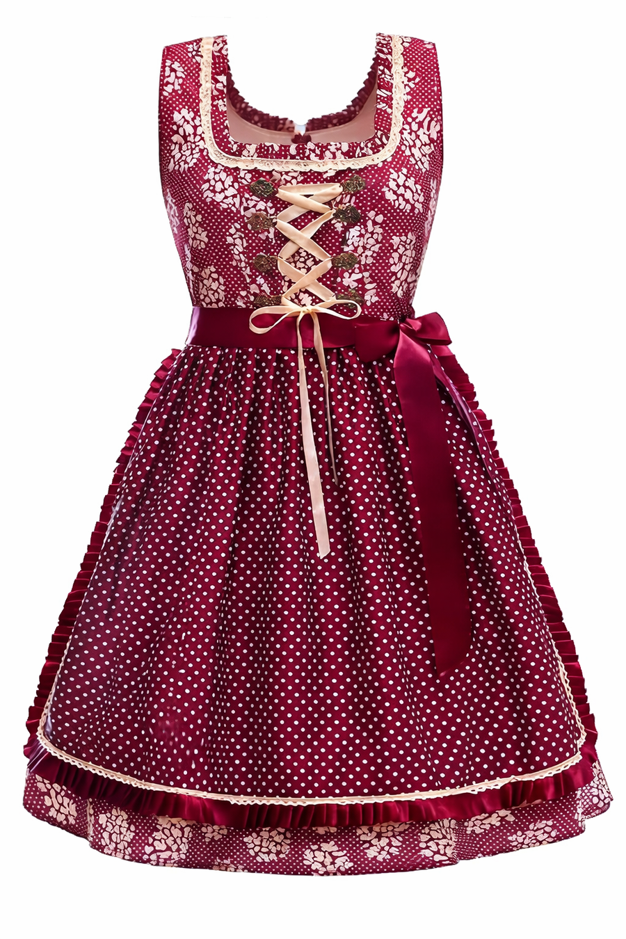Damen Dirndl Kleid mit Punktmuster, Zierschnürung und Taillenschleife