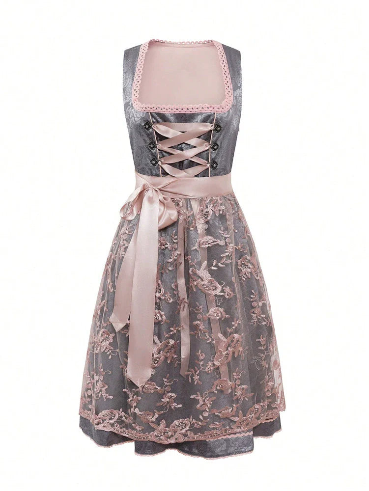 Damen Dirndl Kleid mit Spitzenüberrock, Schnürleiste und Zierösen
