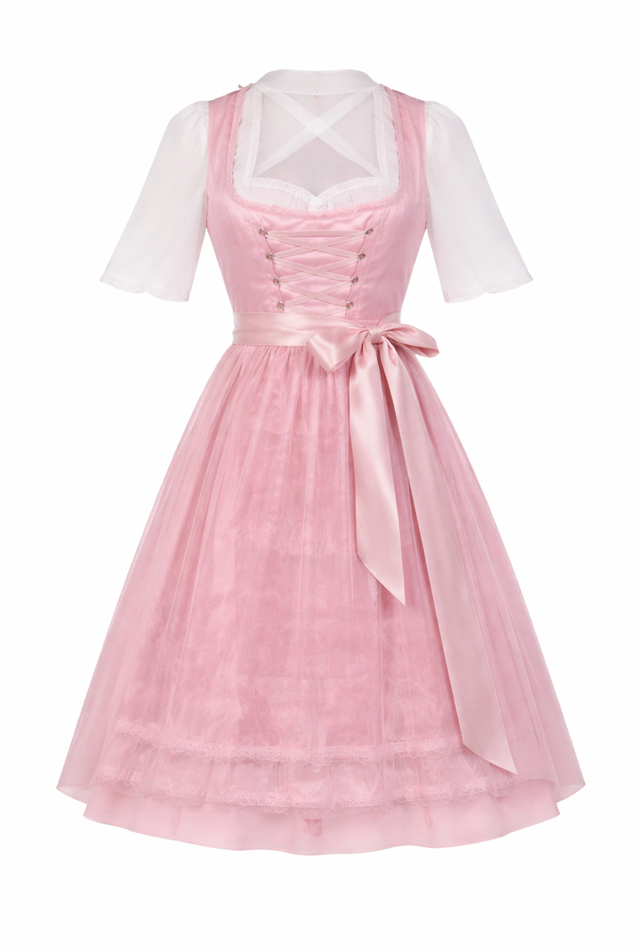 Damen Dirndl Kleid mit Zierkette, Schnürfront und bestickter Schürze