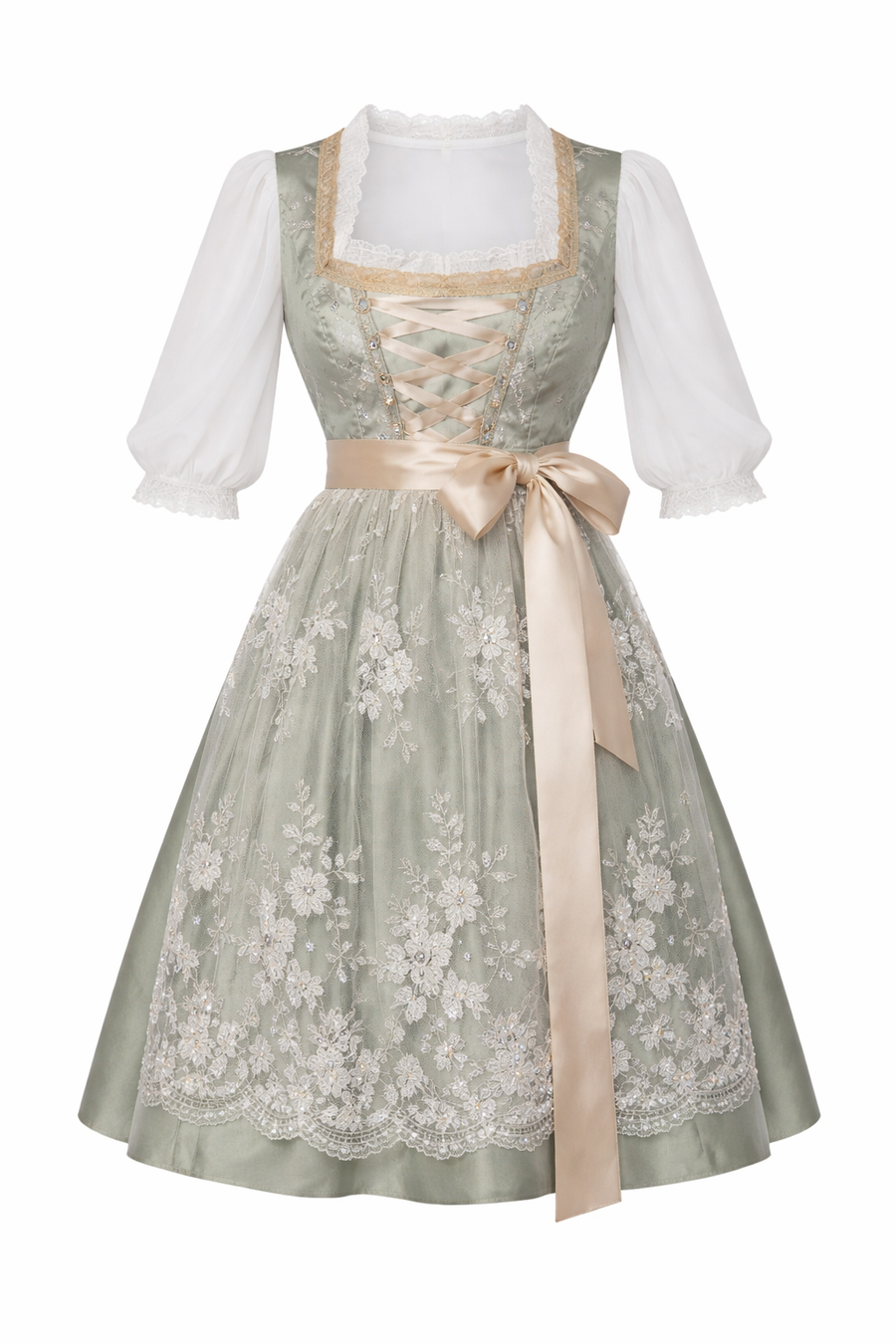 Damen Dirndl Kleid mit Zierkette, Schnürfront und bestickter Schürze