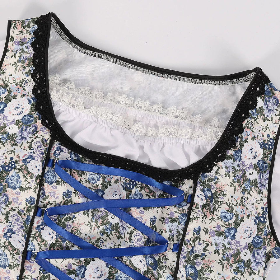 Damen Dirndlkleid-Set mit Schnürmieder, Bluse und weitem Rock