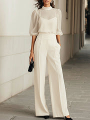 Damen Dreiteiliges Set mit Transparentem Oberteil und Weiter Hose
