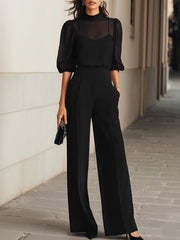 Damen Dreiteiliges Set mit Transparentem Oberteil und Weiter Hose