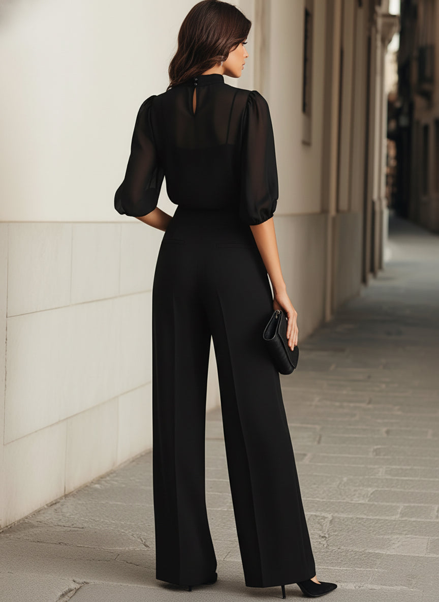 Damen Dreiteiliges Set mit Transparentem Oberteil und Weiter Hose