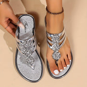 Frieda | Damen Flache Sandalen T-Riemen Strass Zehentrenner