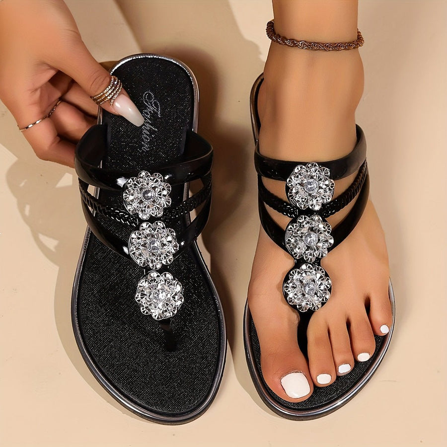 Frieda | Damen Flache Sandalen T-Riemen Strass Zehentrenner