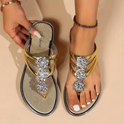 Frieda | Damen Flache Sandalen T-Riemen Strass Zehentrenner