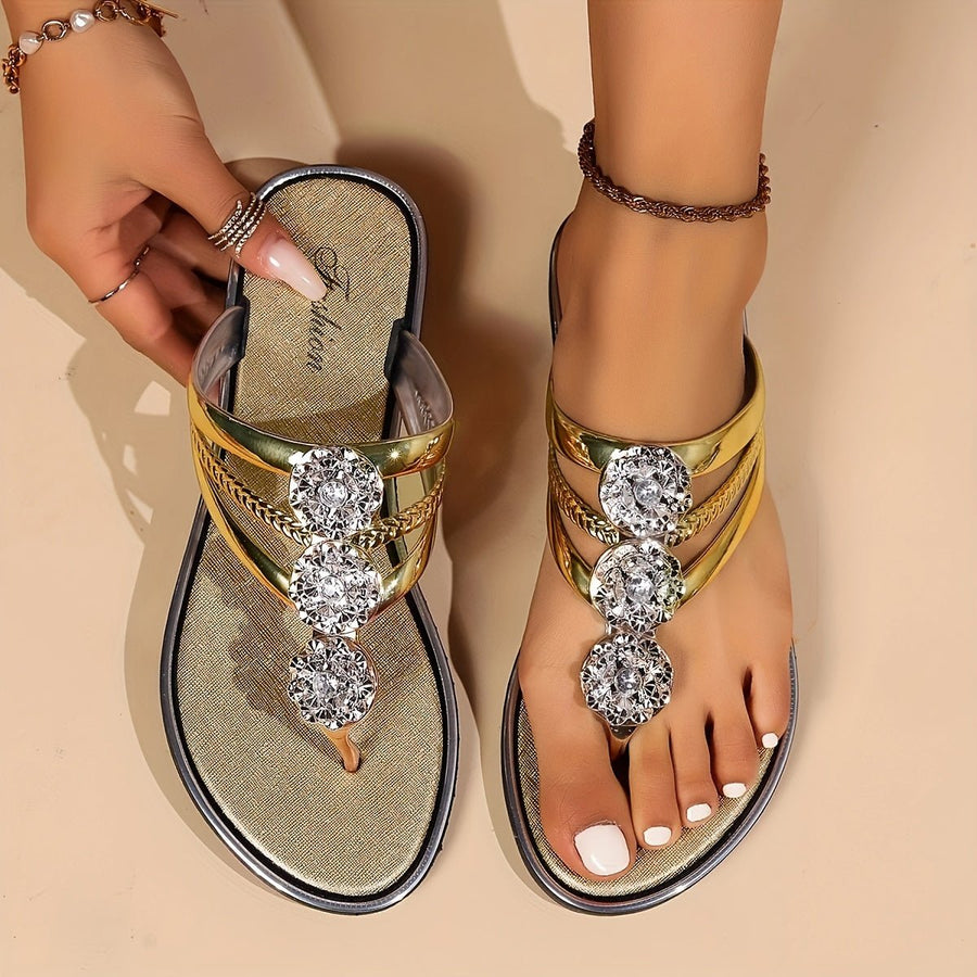 Frieda | Damen Flache Sandalen T-Riemen Strass Zehentrenner