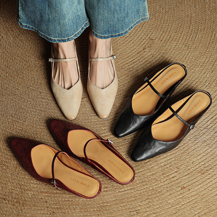 Damen Flache Schuhe mit Spitze, Riemen und Schnallenverschluss