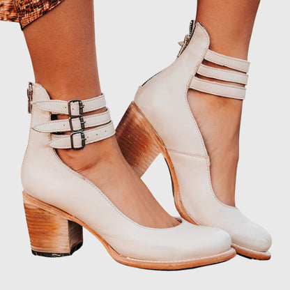 Damen Geschlossene Ankle-Boots mit Seitlichen Ausschnitten, Drei Schnallenriemen und Blockabsatz