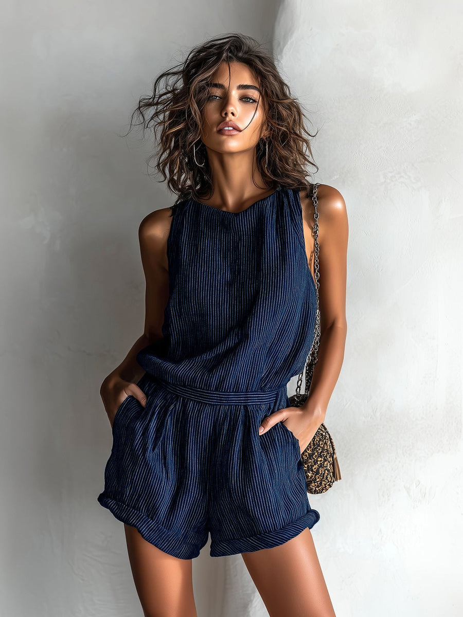 Elfriede | Damen Gestreifter Leinen-Mix Ärmellos Jumpsuit
