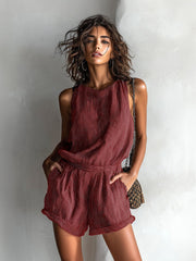 Elfriede | Damen Gestreifter Leinen-Mix Ärmellos Jumpsuit
