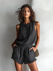Elfriede | Damen Gestreifter Leinen-Mix Ärmellos Jumpsuit