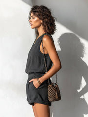 Elfriede | Damen Gestreifter Leinen-Mix Ärmellos Jumpsuit