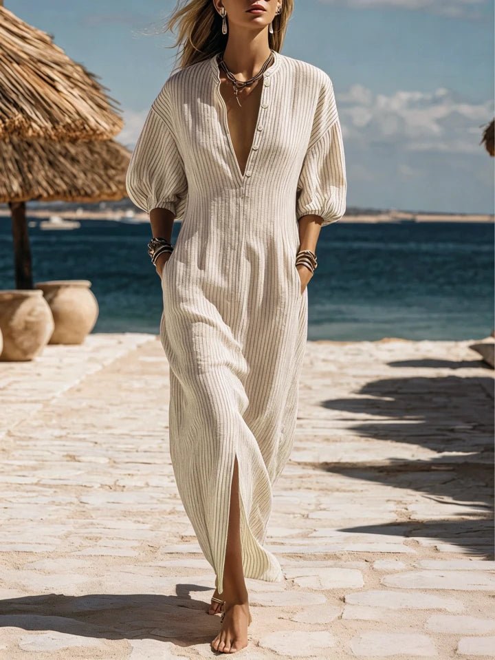 Charlotte | Damen Gestreiftes Knopf-Midi-Kleid Dreiviertelarm