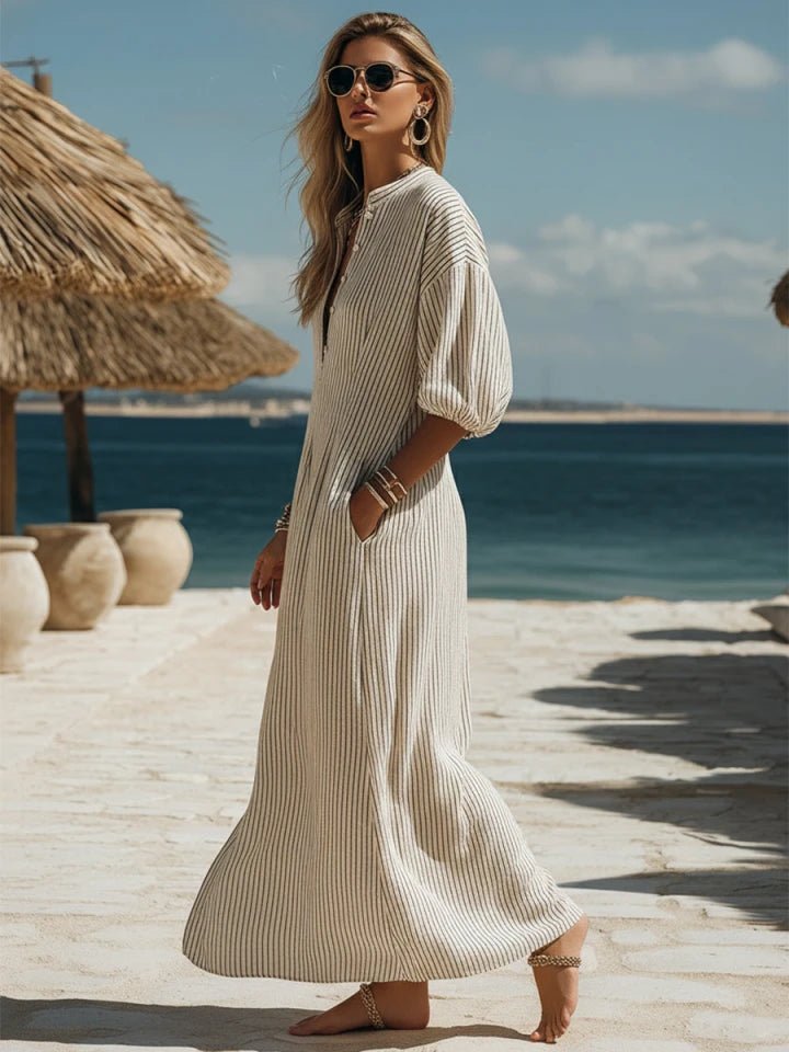 Charlotte | Damen Gestreiftes Knopf-Midi-Kleid Dreiviertelarm