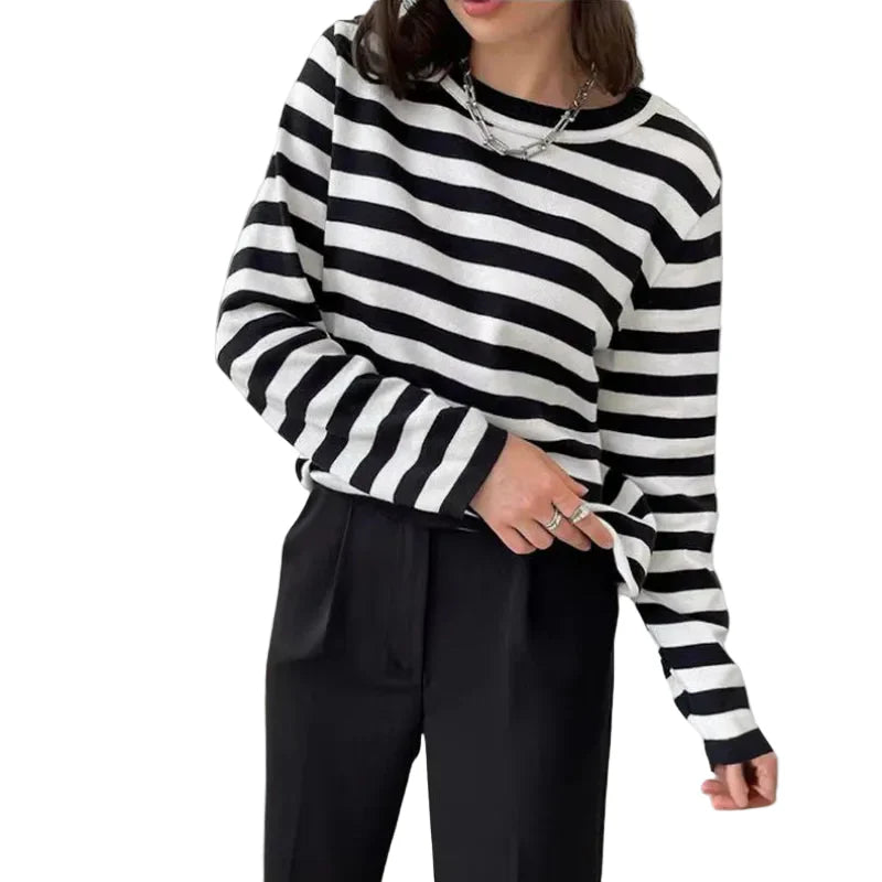 Damen Gestreiftes Langarmshirt mit Rundhals