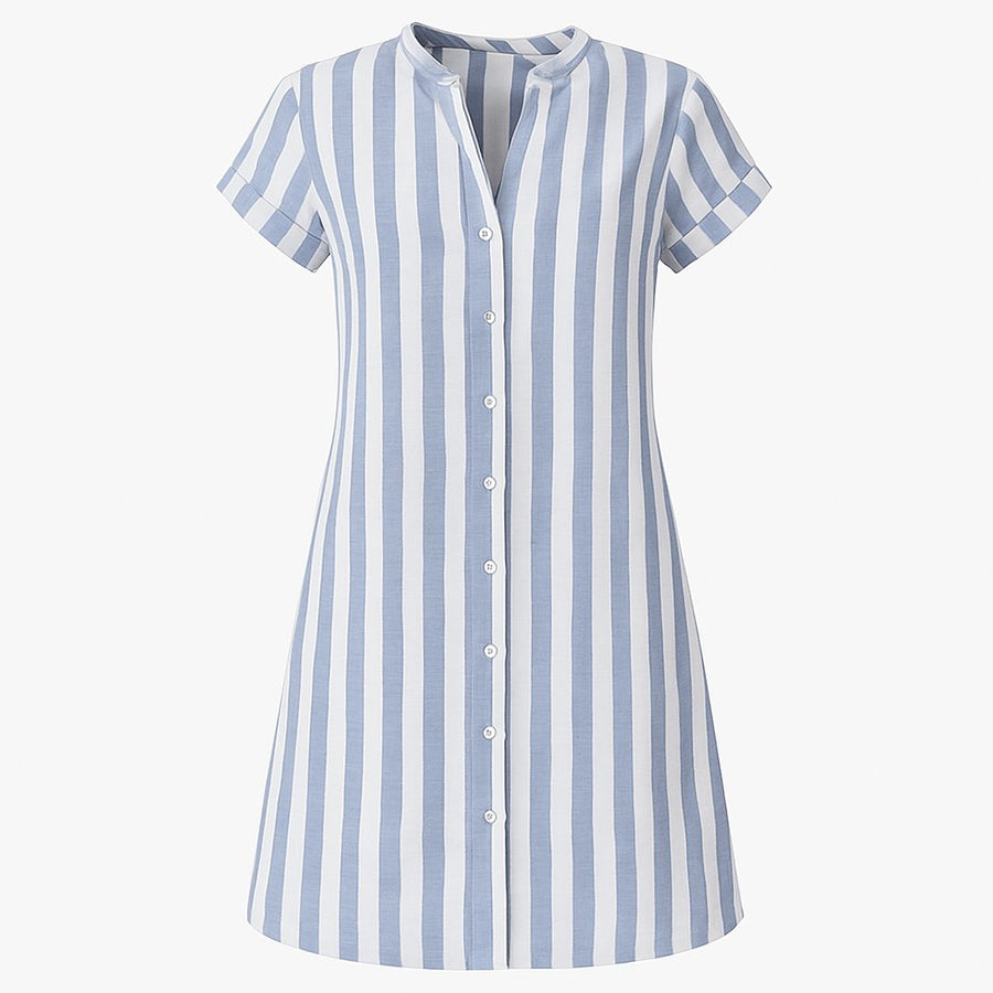 Frieda | Damen Gestreiftes Leinen-Hemdblusenkleid Kurze Ärmel Durchgeknöpft