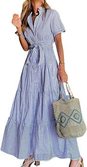 Lena | Damen Gestreiftes Maxi Hemdblusenkleid mit Gürtel und Rüschensaum