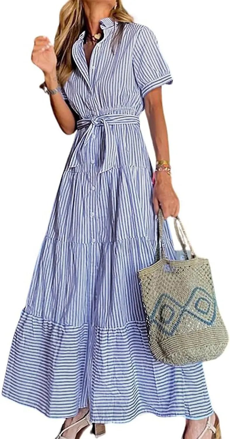 Lena | Damen Gestreiftes Maxi Hemdblusenkleid mit Gürtel und Rüschensaum
