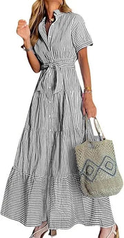 Lena | Damen Gestreiftes Maxi Hemdblusenkleid mit Gürtel und Rüschensaum