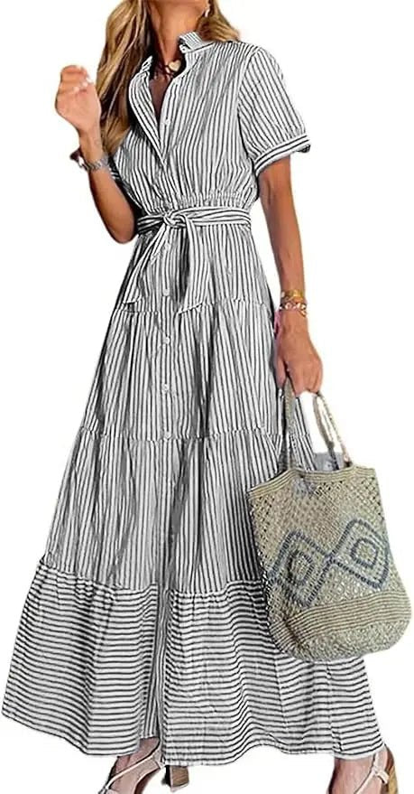 Lena | Damen Gestreiftes Maxi Hemdblusenkleid mit Gürtel und Rüschensaum