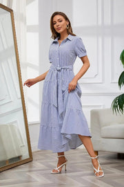 Lena | Damen Gestreiftes Maxi Hemdblusenkleid mit Gürtel und Rüschensaum