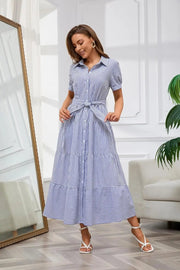 Lena | Damen Gestreiftes Maxi Hemdblusenkleid mit Gürtel und Rüschensaum