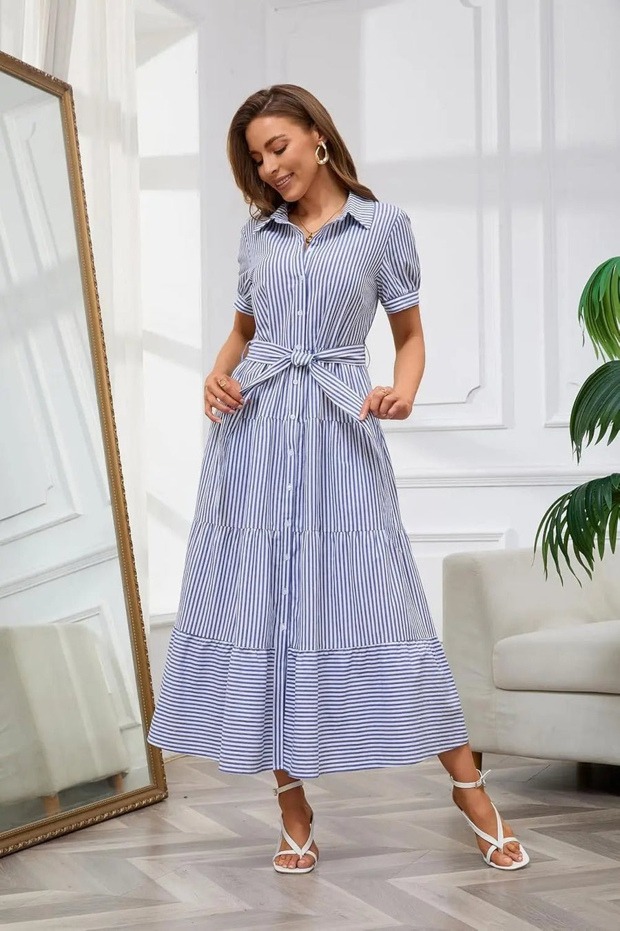 Lena | Damen Gestreiftes Maxi Hemdblusenkleid mit Gürtel und Rüschensaum