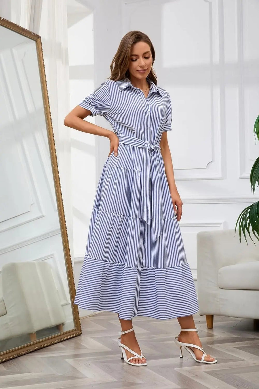 Lena | Damen Gestreiftes Maxi Hemdblusenkleid mit Gürtel und Rüschensaum