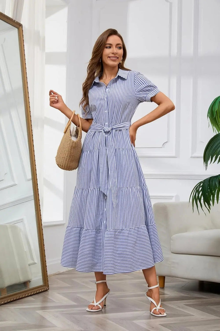 Lena | Damen Gestreiftes Maxi Hemdblusenkleid mit Gürtel und Rüschensaum