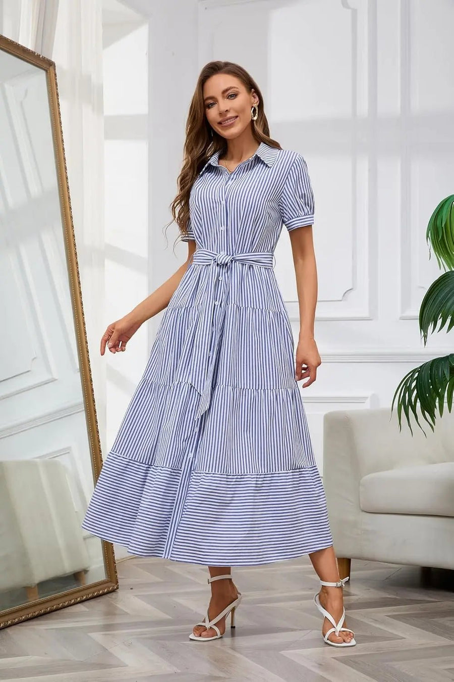 Lena | Damen Gestreiftes Maxi Hemdblusenkleid mit Gürtel und Rüschensaum