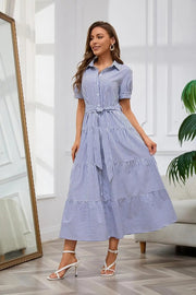 Lena | Damen Gestreiftes Maxi Hemdblusenkleid mit Gürtel und Rüschensaum