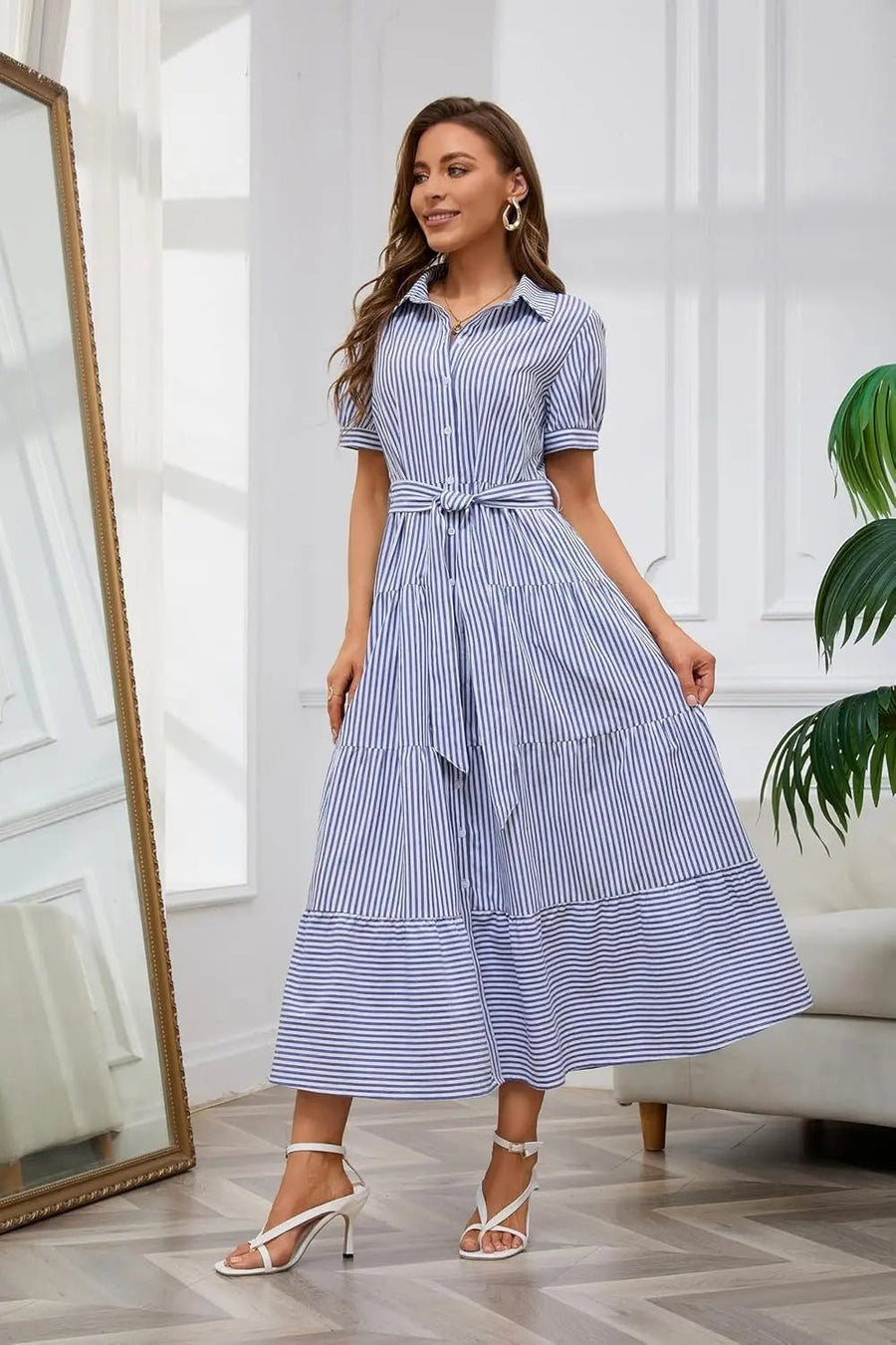 Lena | Damen Gestreiftes Maxi Hemdblusenkleid mit Gürtel und Rüschensaum