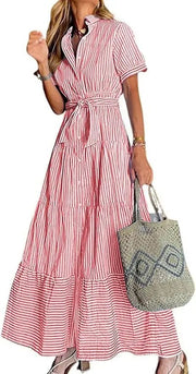 Lena | Damen Gestreiftes Maxi Hemdblusenkleid mit Gürtel und Rüschensaum