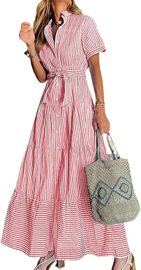 Lena | Damen Gestreiftes Maxi Hemdblusenkleid mit Gürtel und Rüschensaum