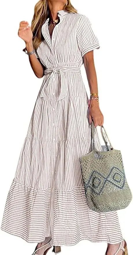Lena | Damen Gestreiftes Maxi Hemdblusenkleid mit Gürtel und Rüschensaum