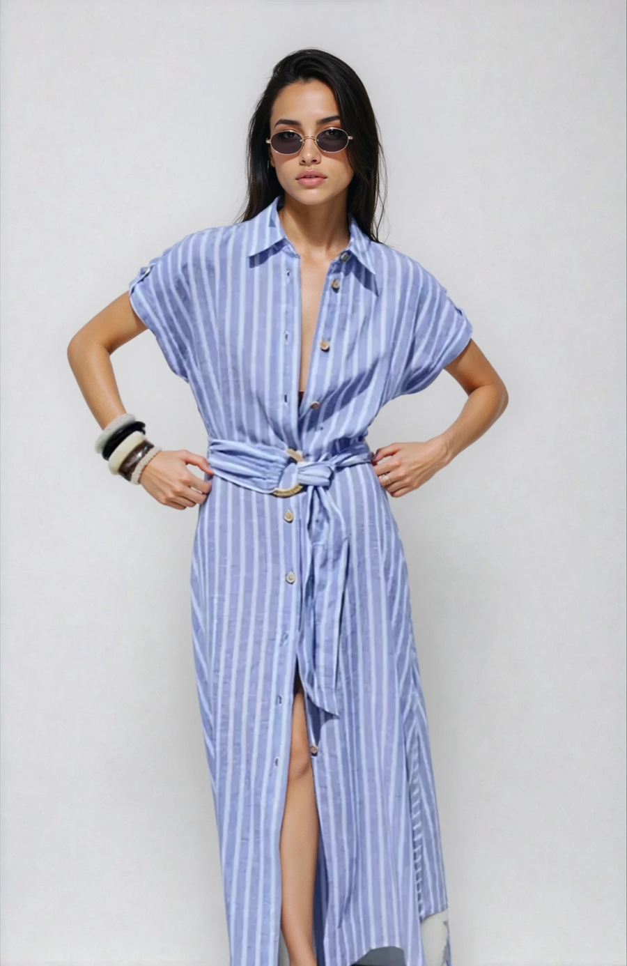 Damen Gestreiftes Midikleid mit Knopfleiste