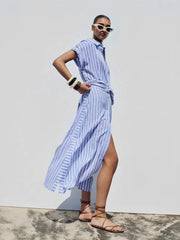 Damen Gestreiftes Midikleid mit Knopfleiste