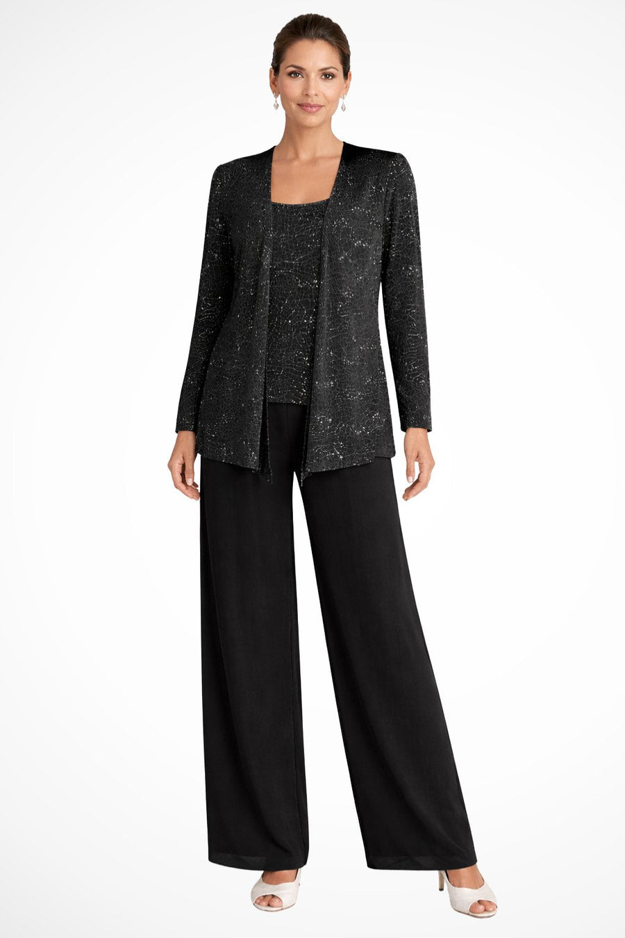 Frieda | Damen Glitzer Dreiteiler Weite Hose Blazer Set